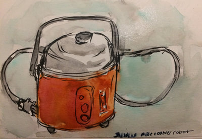 Watercolor painting of a bright orange rice cooker. 